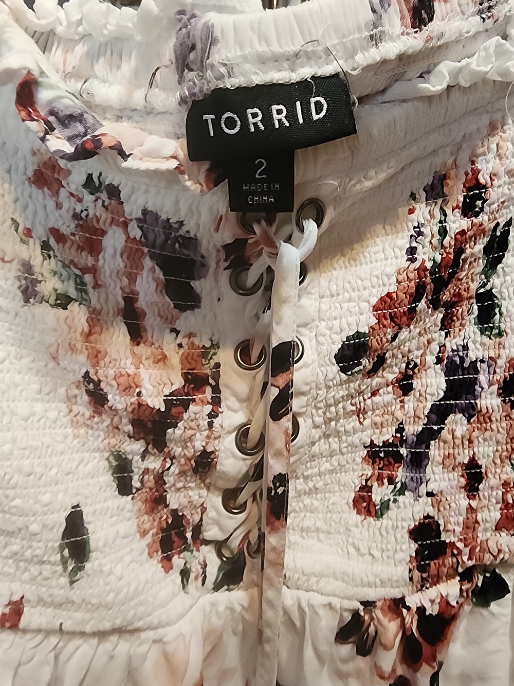 Torrid Floral Lace-Up Smocked Off The Shoulder Top Size 2 - Picture 3 of 5